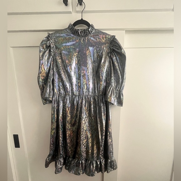 Batsheva Mini Prairie Dress In Silver Holographic Lamè - Picture 10 of 10